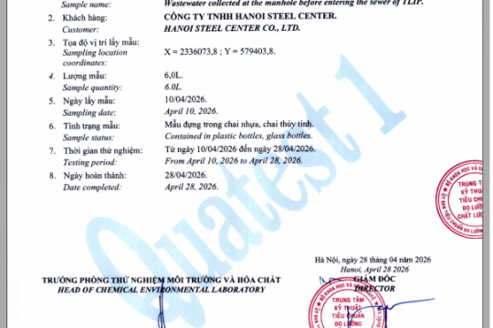 Kết quả quan trắc nước thải 4/2026