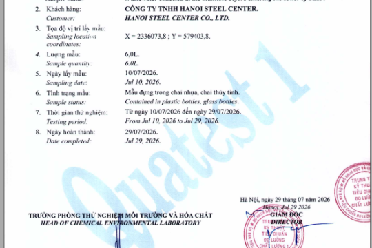 Kết quả quan trắc nước thải 7/2026