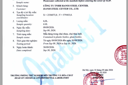 Kết quả quan trắc nước thải 9/2026