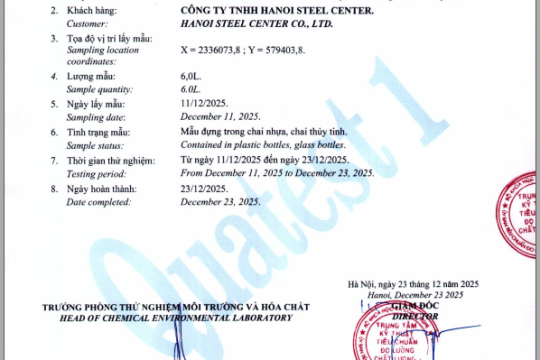 Kết quả quan trắc nước thải 12/2025